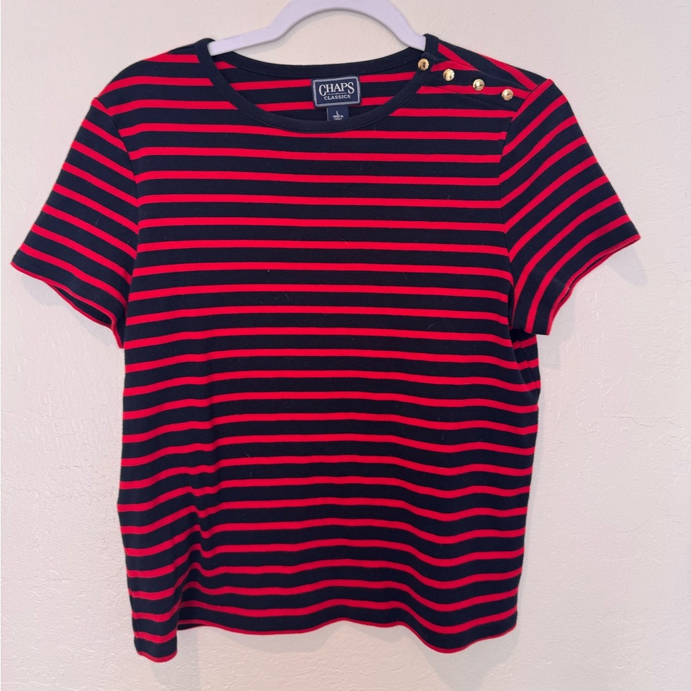 Chaps Black and Red Striped Top with Button Accents